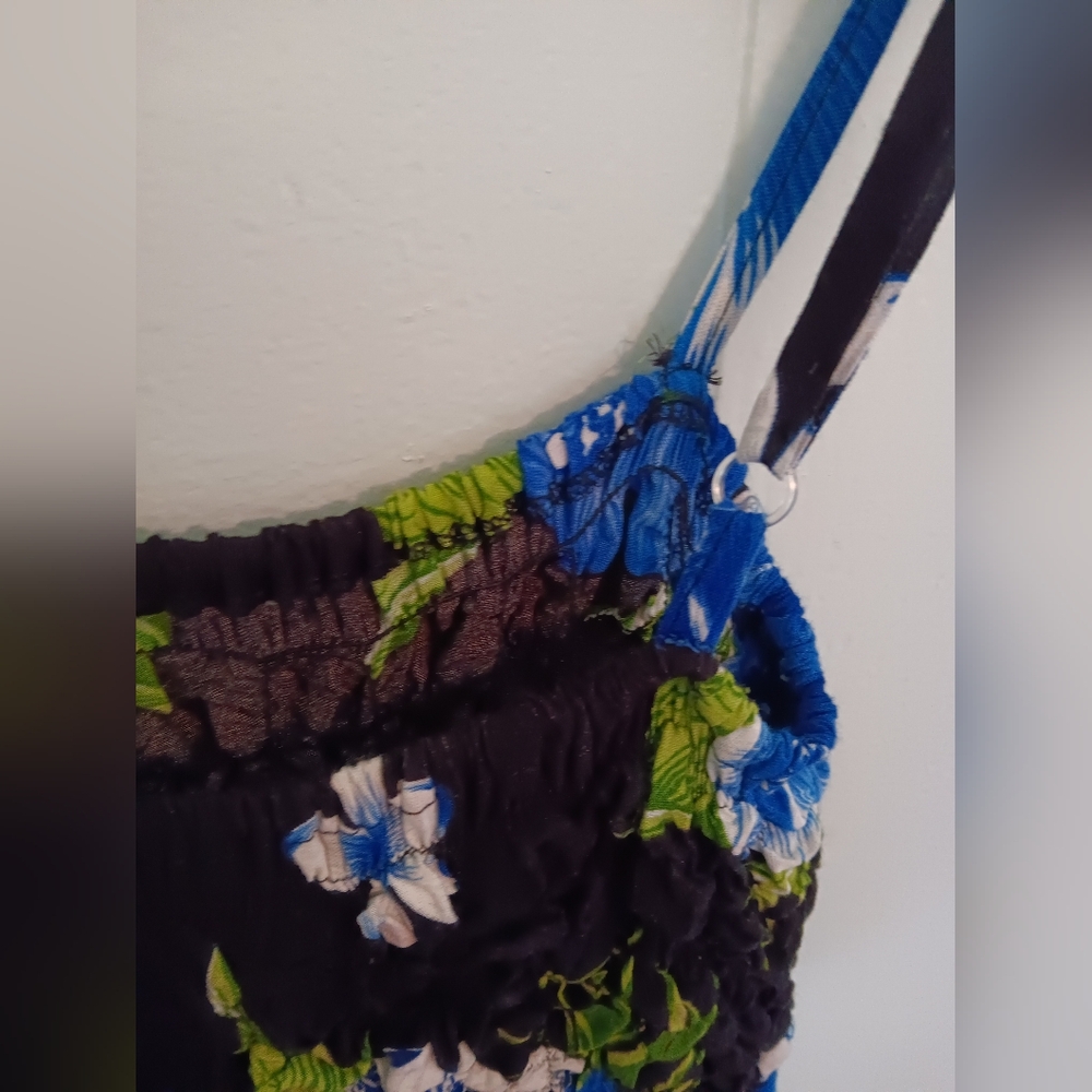 Rayon Hawaiin Flower Black Green and Blue Dress - Picture 4 of 5